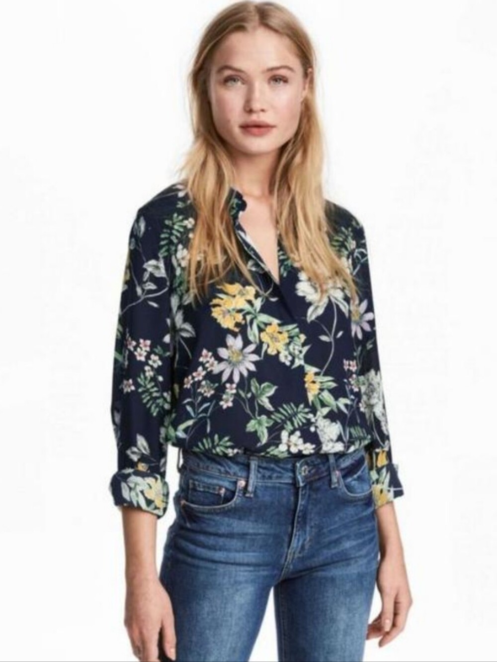 H&M Navy Blue Floral Button Down Flowy Shirt - Picture 2 of 6